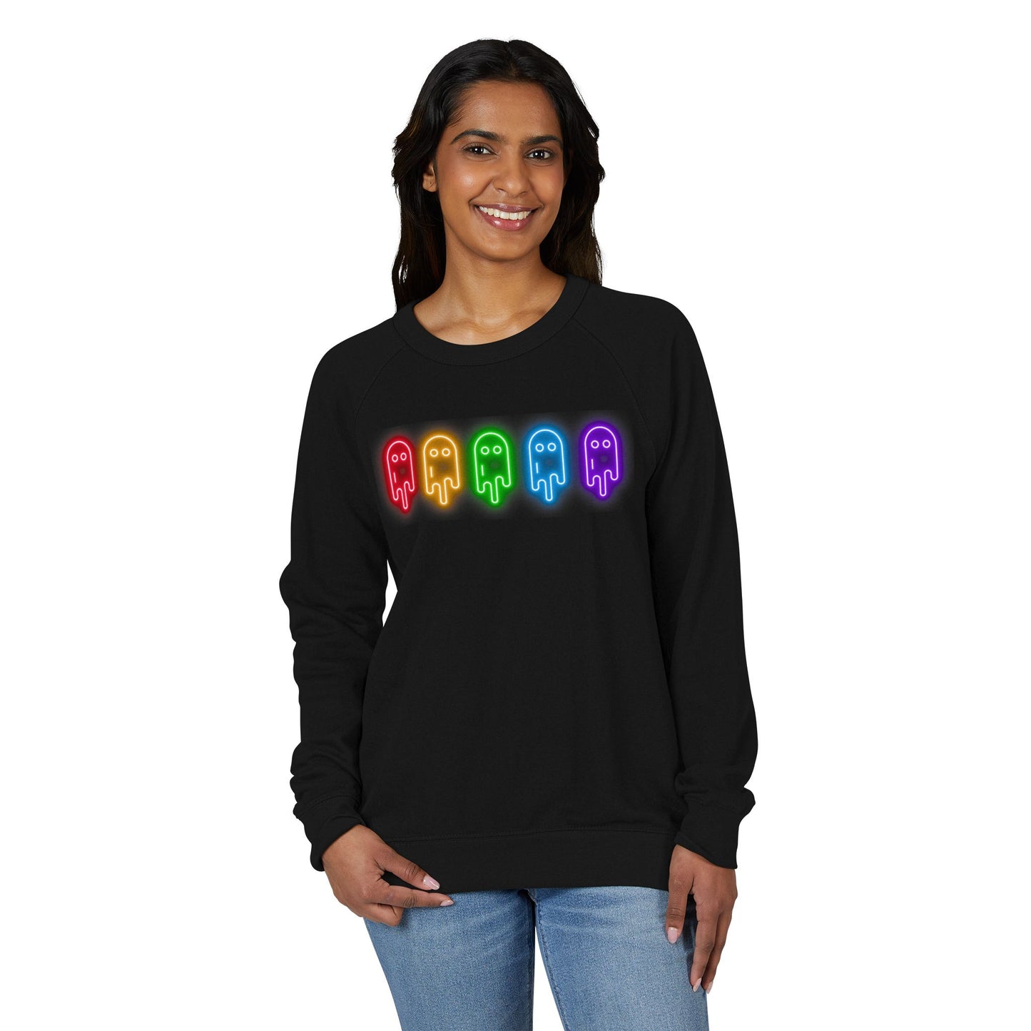Rainbow Ghosts Unisex French Terry Crewneck Sweatshirt, Halloween Apparel, Casual Wear, Gifts for Friends, Cozy Graphics