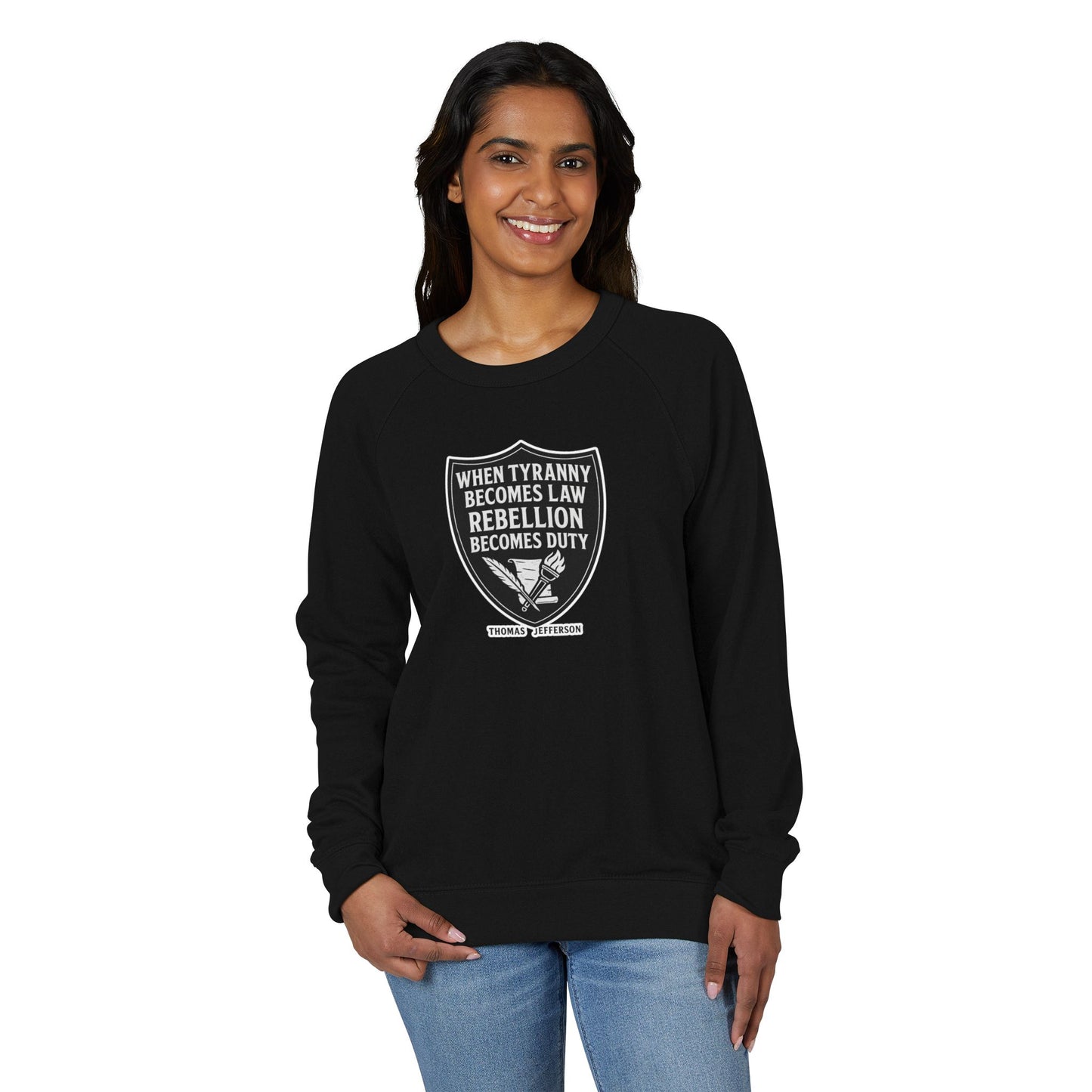 Revolutionary Shield Raglan Crewneck T-Shirt - Thomas Jefferson Quote