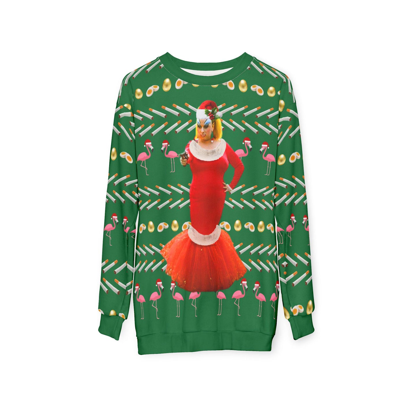 Divine Pink Flamingos Ugly Christmas Sweatshirt, Babs Johnson Santa Claus Unisex Jumper, Holiday Sweater Pullover, Funny Xmas Top, Retro
