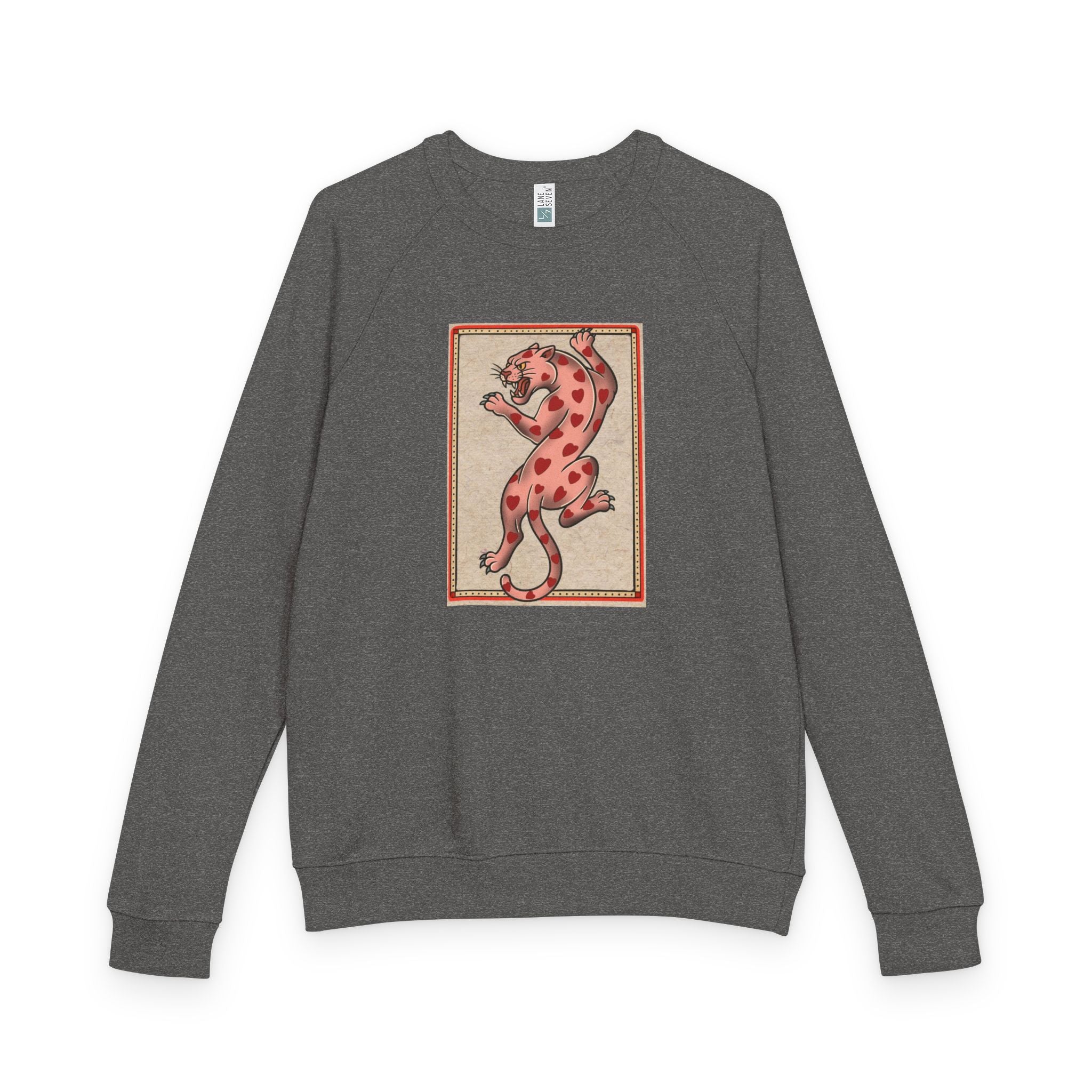 French Terry Raglan Crewneck Sweatshirt - Pink Leopard Heart Tattoo Flash Design