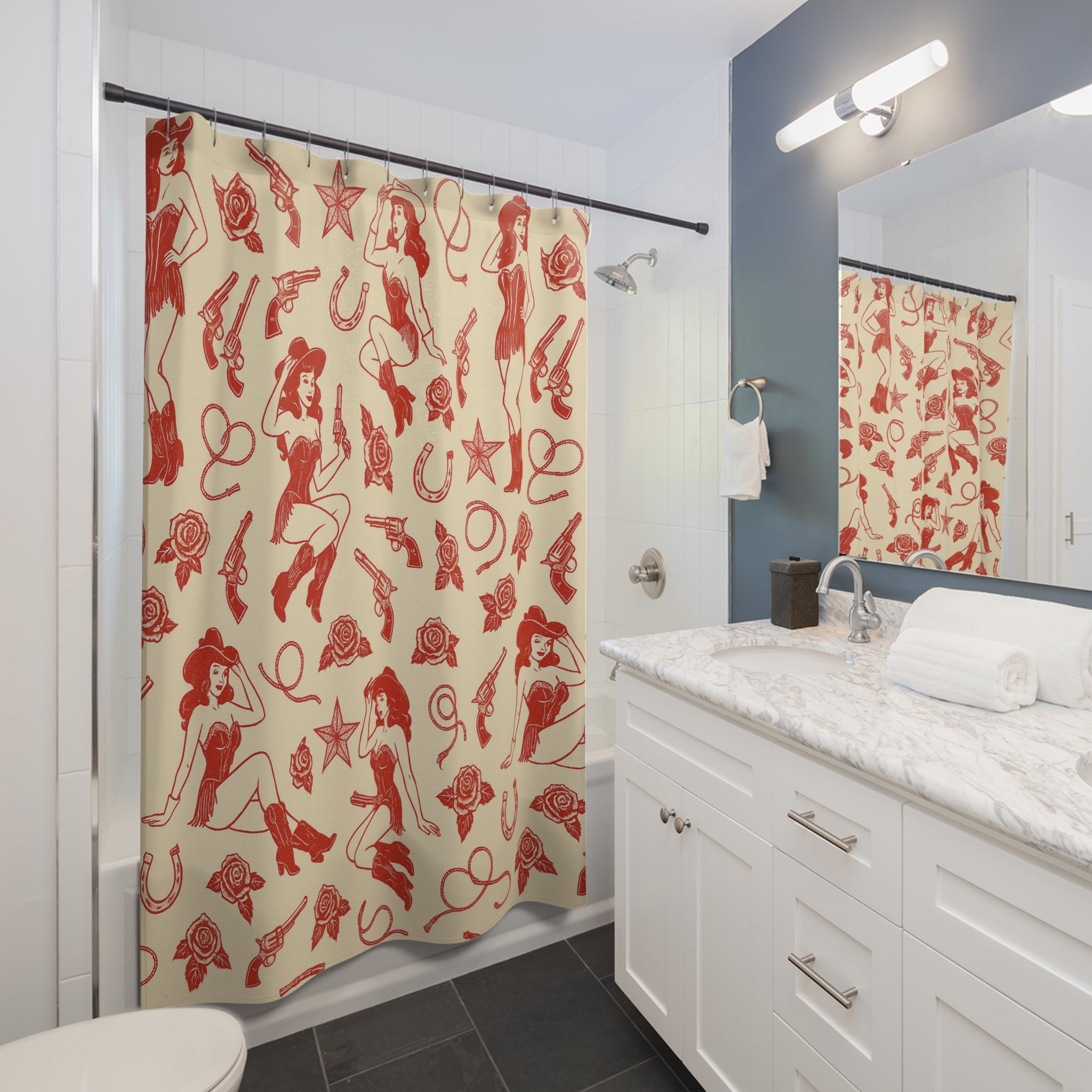 Vintage Western-Themed Shower Curtain, Retro Chic Bath Decor, Cowgirl Vibes, Unique Gift for Her, Bathroom Makeover