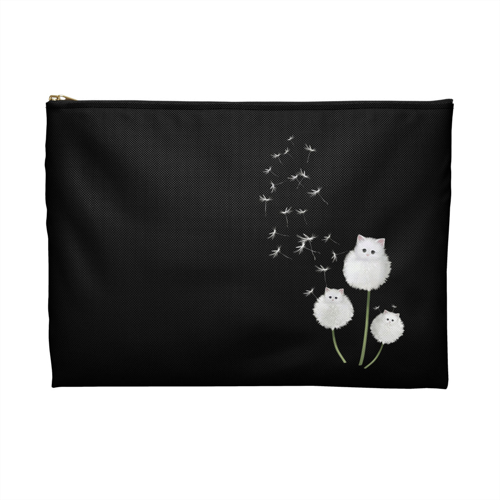 Cute White Kitten Dandelion Accessory Pouch — Whimsical Cat Lover Makeup Bag