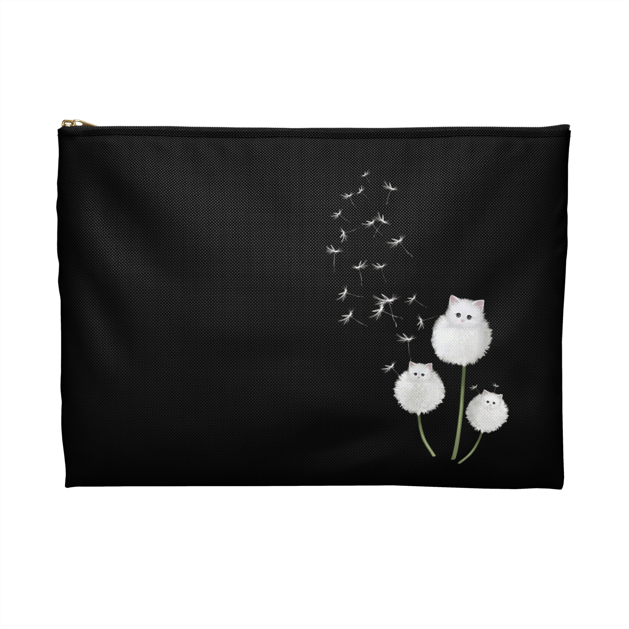 Cute White Kitten Dandelion Accessory Pouch — Whimsical Cat Lover Makeup Bag