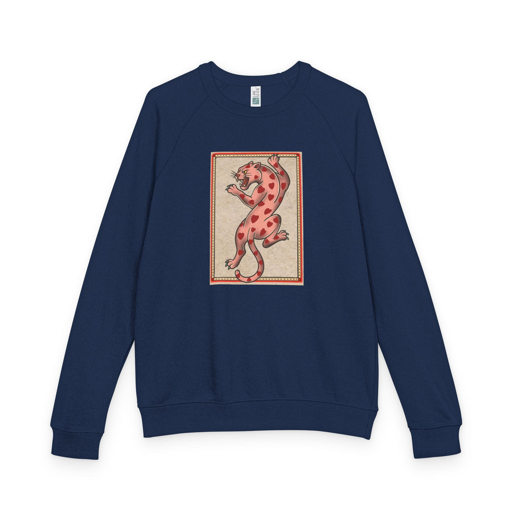 French Terry Raglan Crewneck Sweatshirt - Pink Leopard Heart Tattoo Flash Design