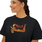 High & Feline Fine Women's Boxy Tee — Cute Retro Tiger Pinup Graphic