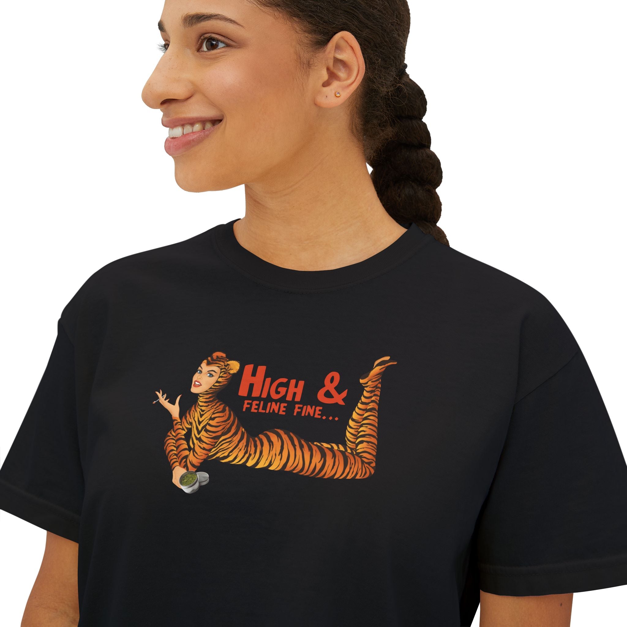 High & Feline Fine Women's Boxy Tee — Cute Retro Tiger Pinup Graphic