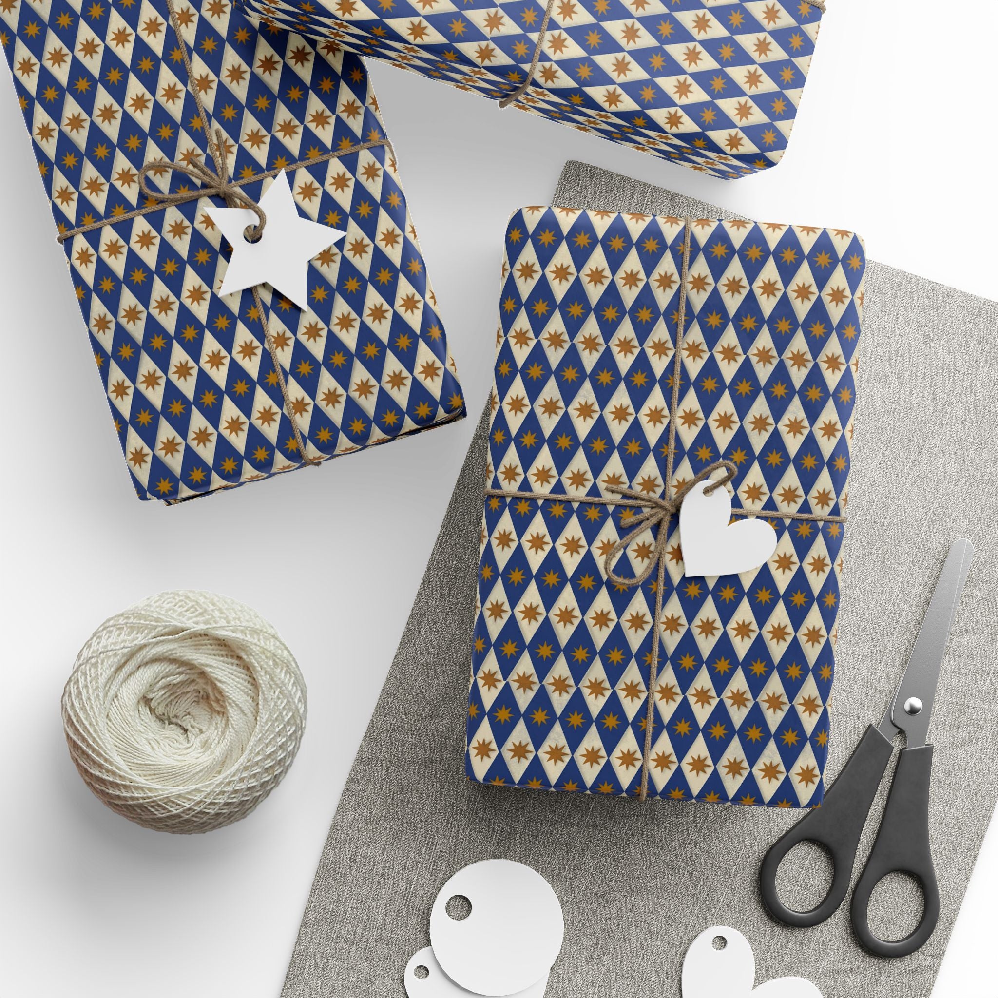 Navy Diamond Star Pattern Wrapping Paper | Geometric Holiday Wrap
