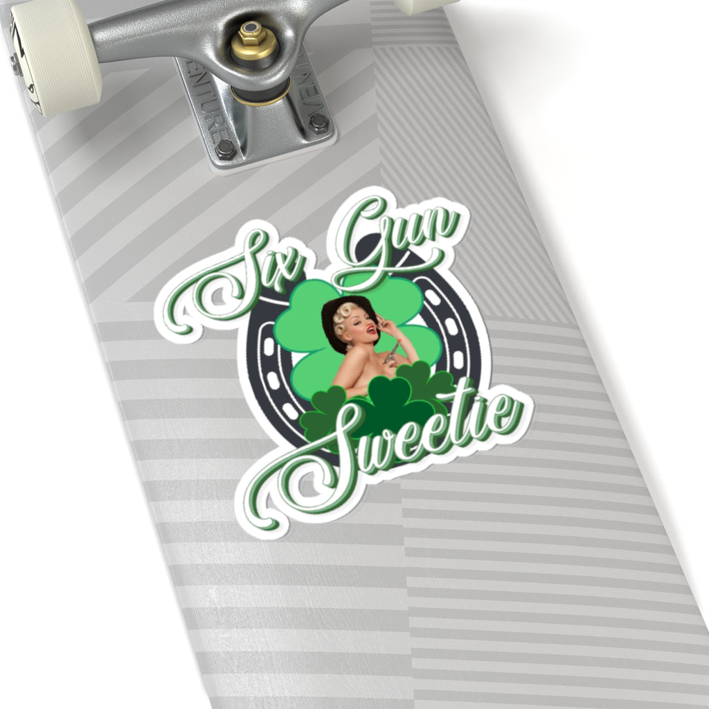 Six Gun Sweetie Kiss-Cut Sticker — Retro Pin-Up Shamrock & Horseshoe Design