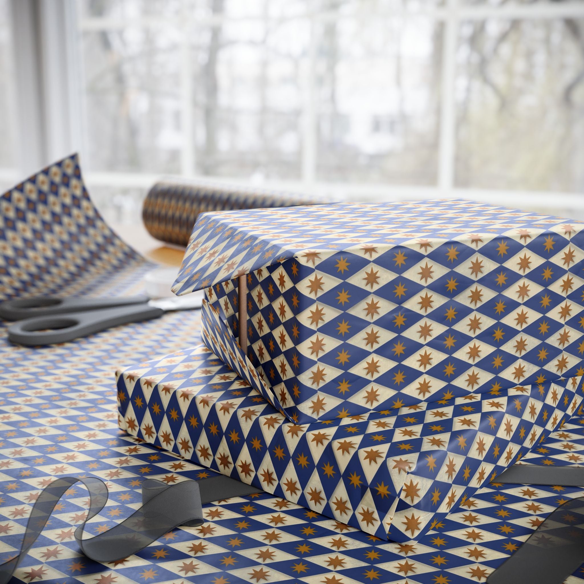 Navy Diamond Star Pattern Wrapping Paper | Geometric Holiday Wrap
