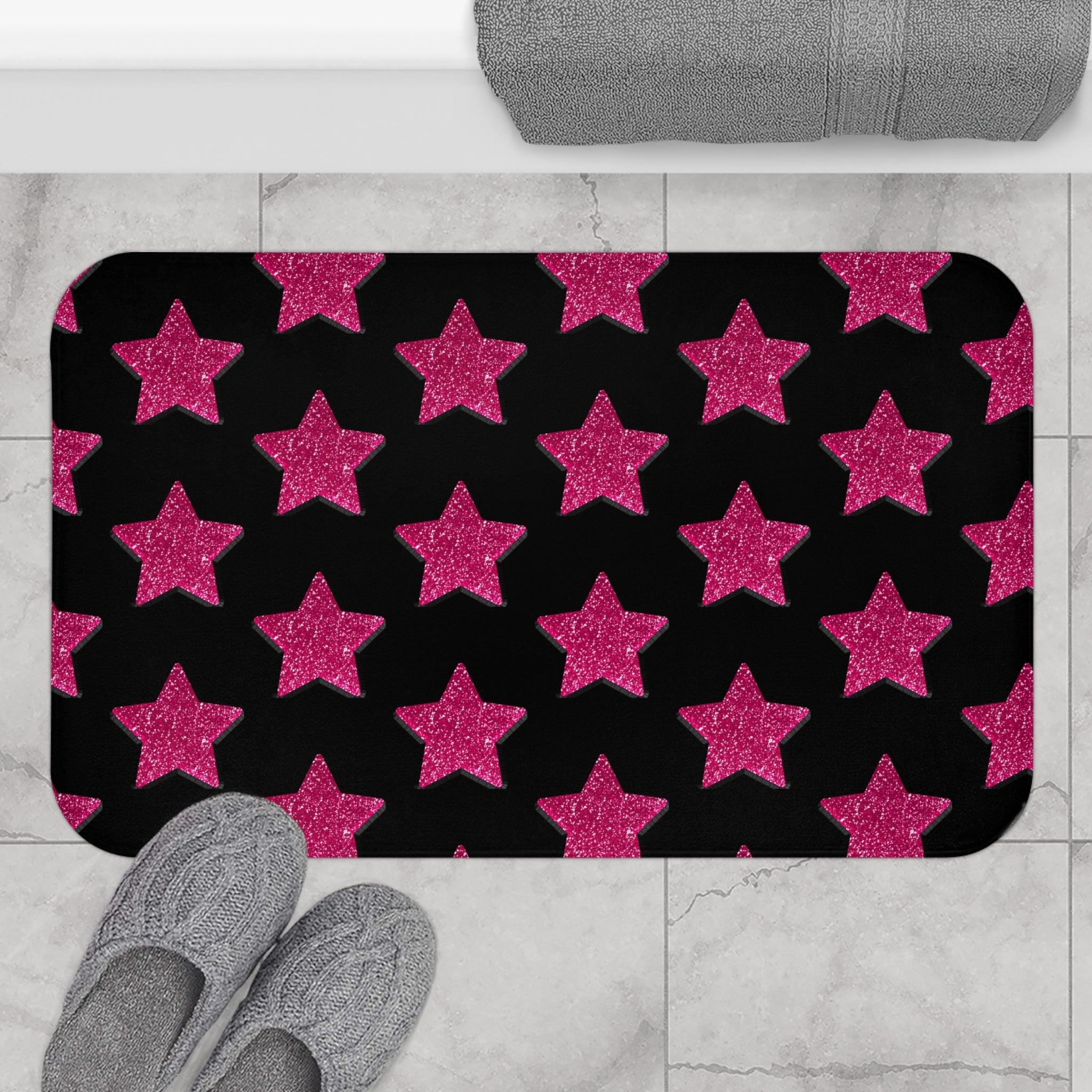 Pink Stardust Pop Bath Mat | Retro Glam Memory Foam | Matching Shower Curtain