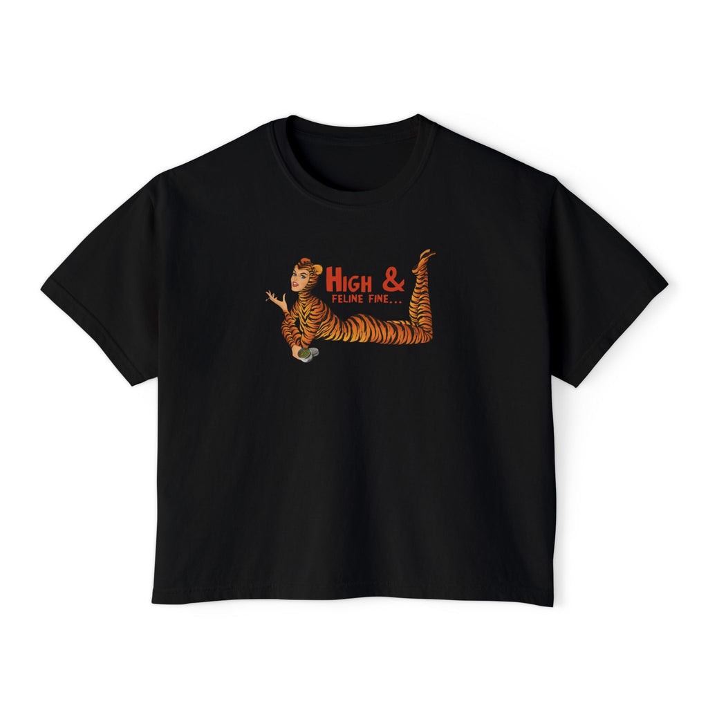 High & Feline Fine Women's Boxy Tee — Cute Retro Tiger Pinup Graphic