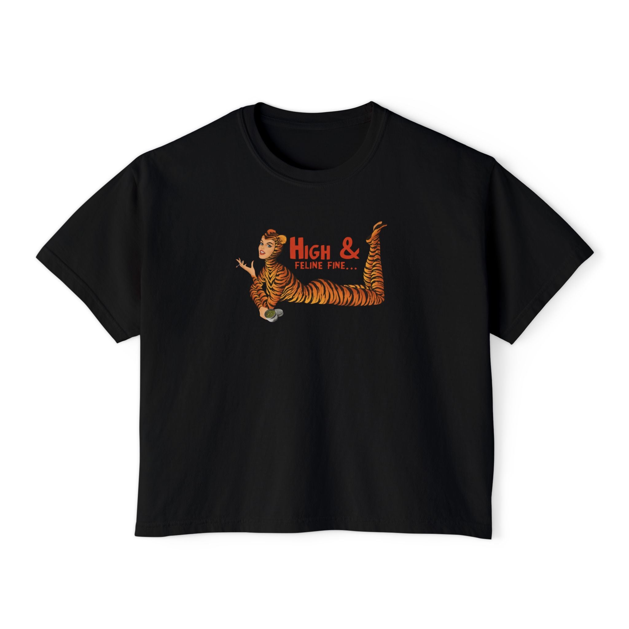 High & Feline Fine Women's Boxy Tee — Cute Retro Tiger Pinup Graphic
