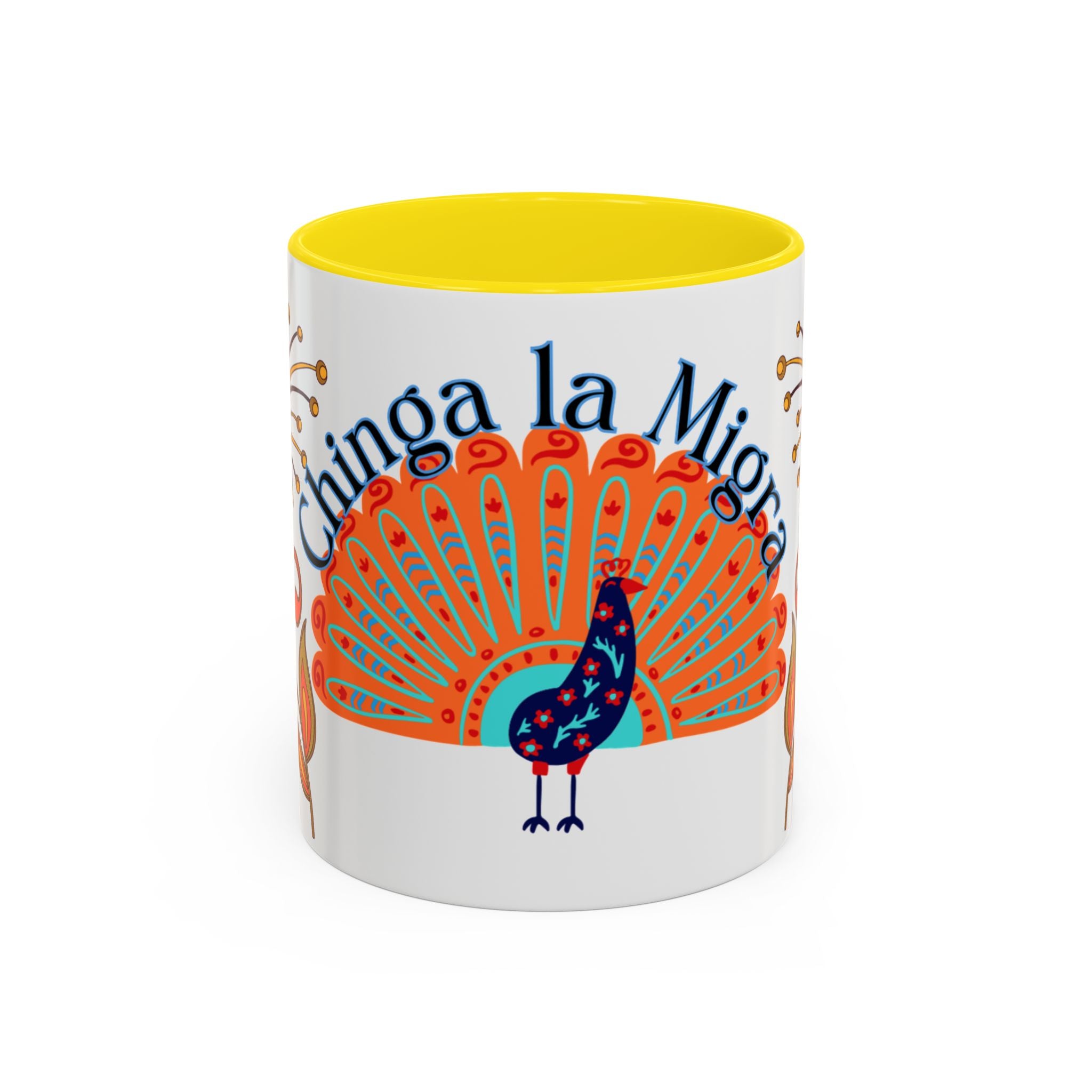 Coffee Mug — "Chinga la Migra" Colorful Peacock Accent Mug