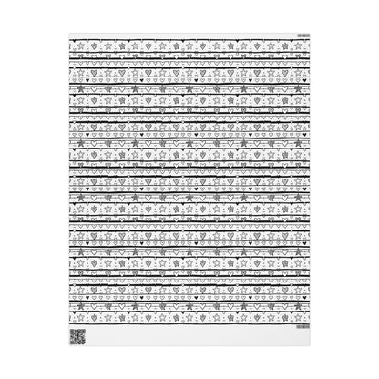 Gift Wrap Sheets Doodle Hearts Stars Black White