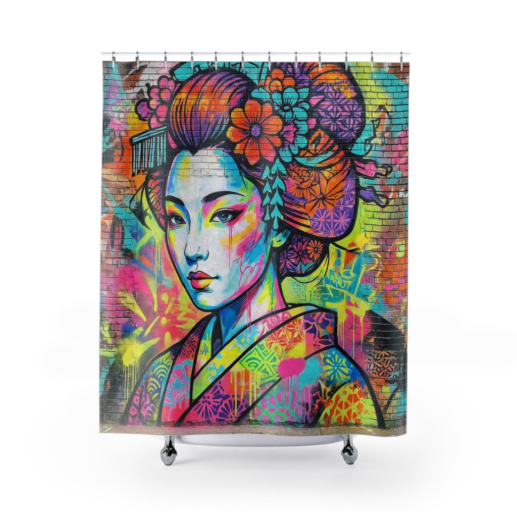 Graffiti Geisha Shower Curtain — Bright Pop Art Bathroom Decor
