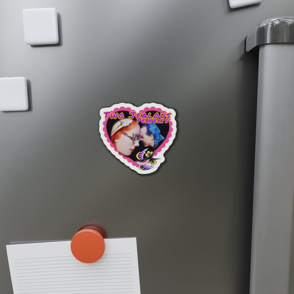 Two Jealous Perverts, John Waters Pink Flamingos, Mink Stole and David Lochary Die-Cut Magnet — “Two Jealous Perverts” Retro Heart Photo Magnet