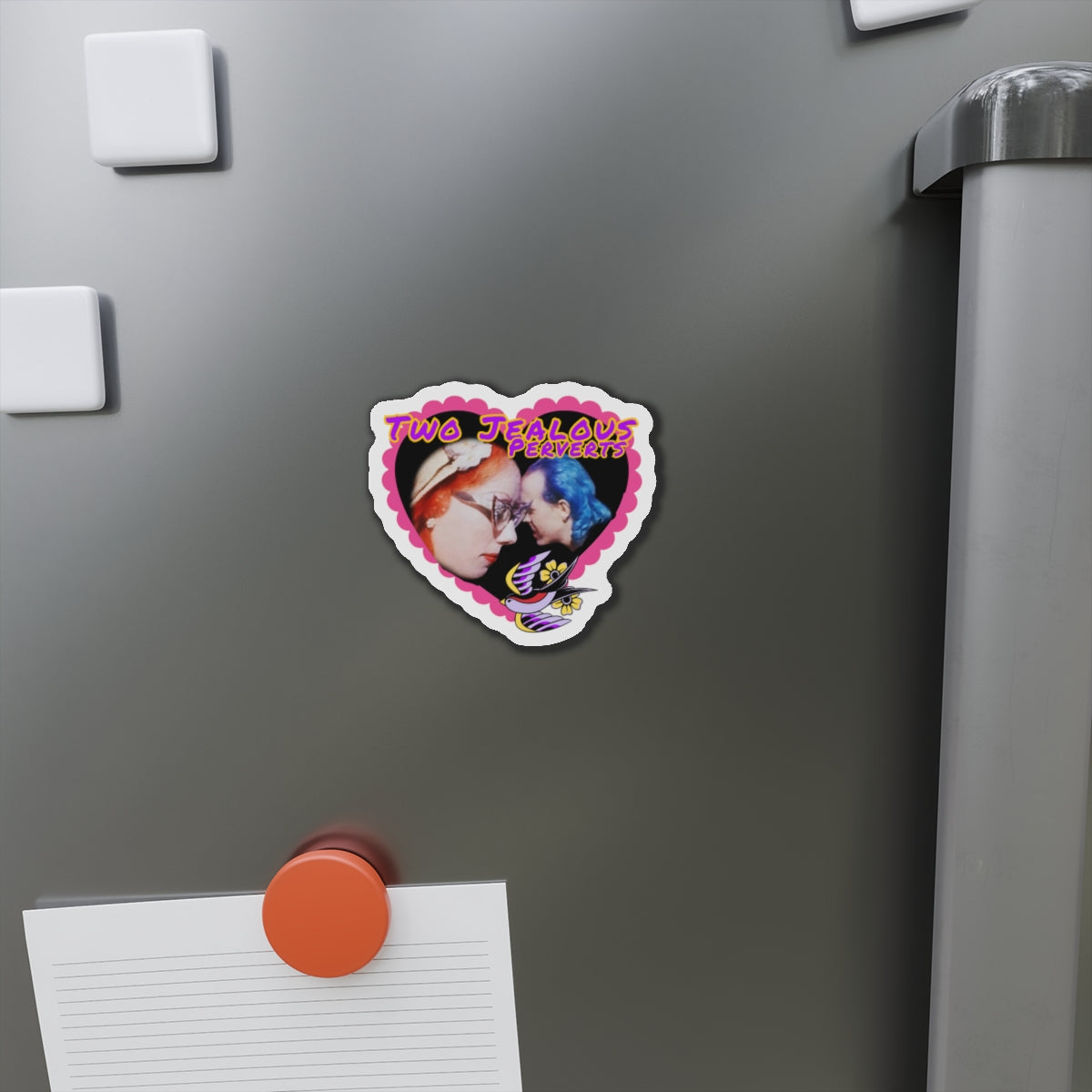 Two Jealous Perverts, John Waters Pink Flamingos, Mink Stole and David Lochary Die-Cut Magnet — “Two Jealous Perverts” Retro Heart Photo Magnet