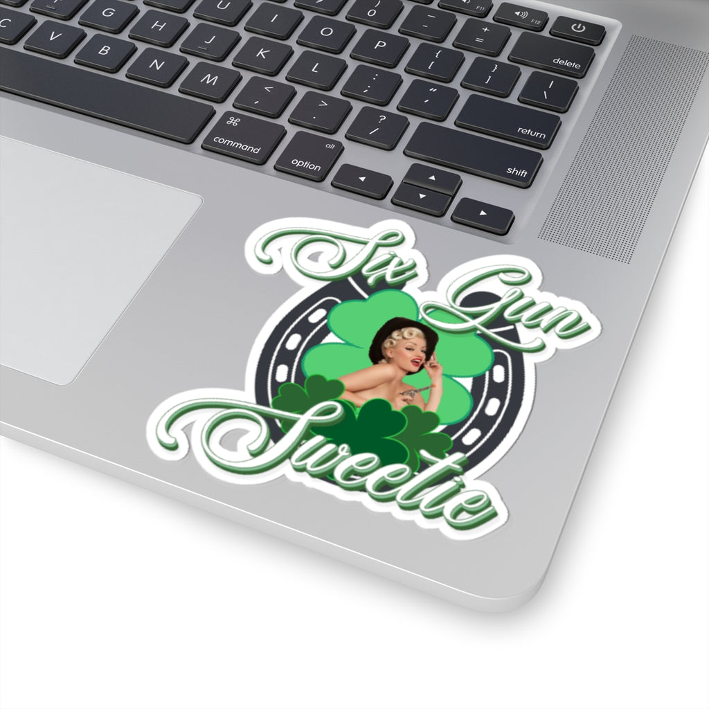 Six Gun Sweetie Kiss-Cut Sticker — Retro Pin-Up Shamrock & Horseshoe Design