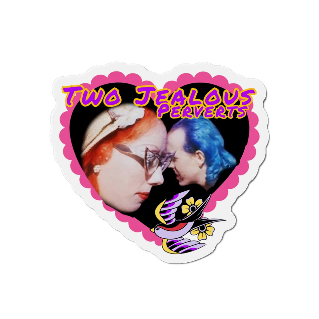 Two Jealous Perverts, John Waters Pink Flamingos, Mink Stole and David Lochary Die-Cut Magnet — “Two Jealous Perverts” Retro Heart Photo Magnet