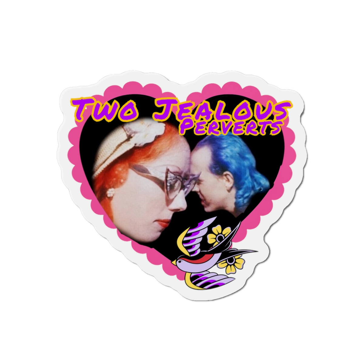 Two Jealous Perverts, John Waters Pink Flamingos, Mink Stole and David Lochary Die-Cut Magnet — “Two Jealous Perverts” Retro Heart Photo Magnet