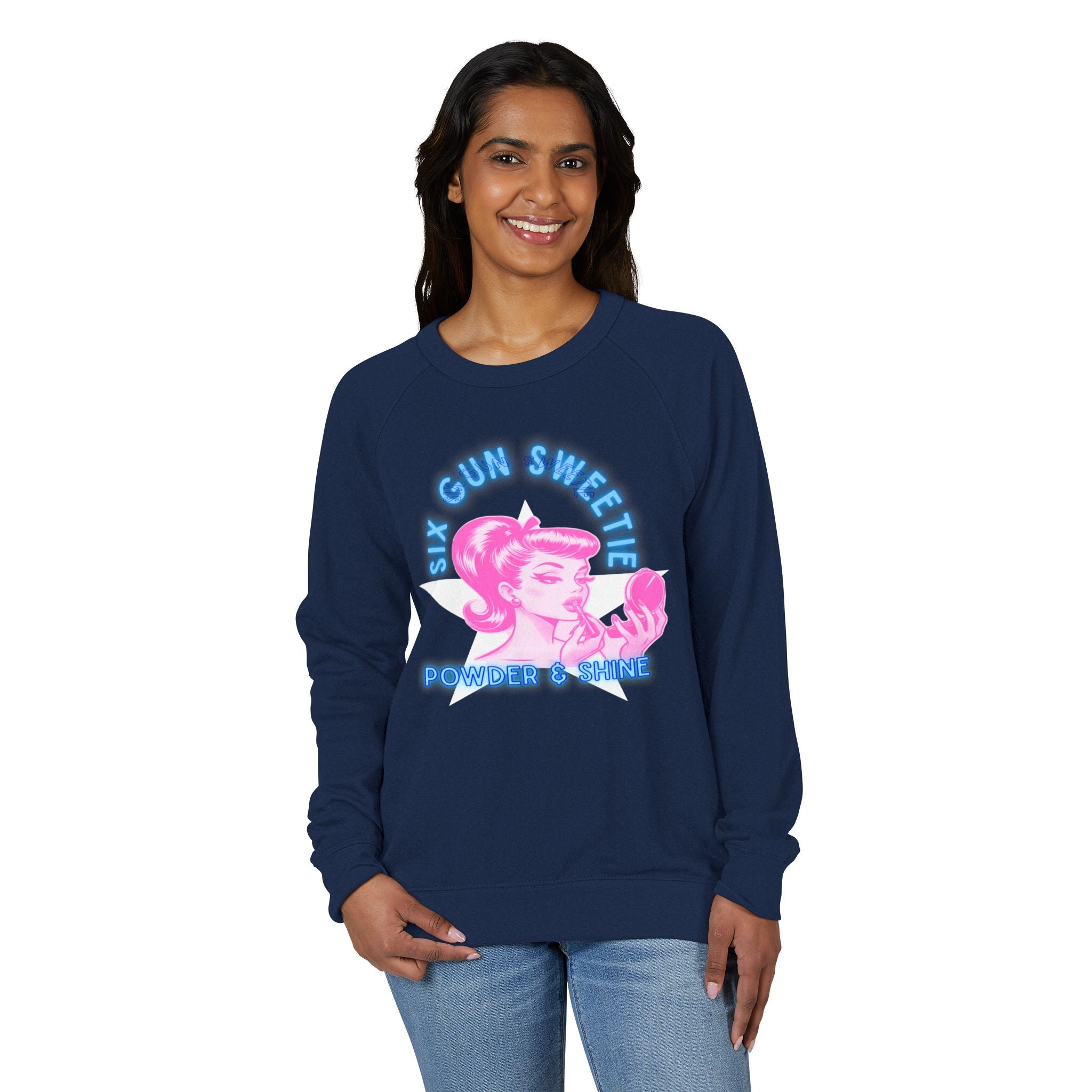 Raglan Crewneck Sweatshirt - Six Gun Sweetie Vintage Girl Applying Lipstick