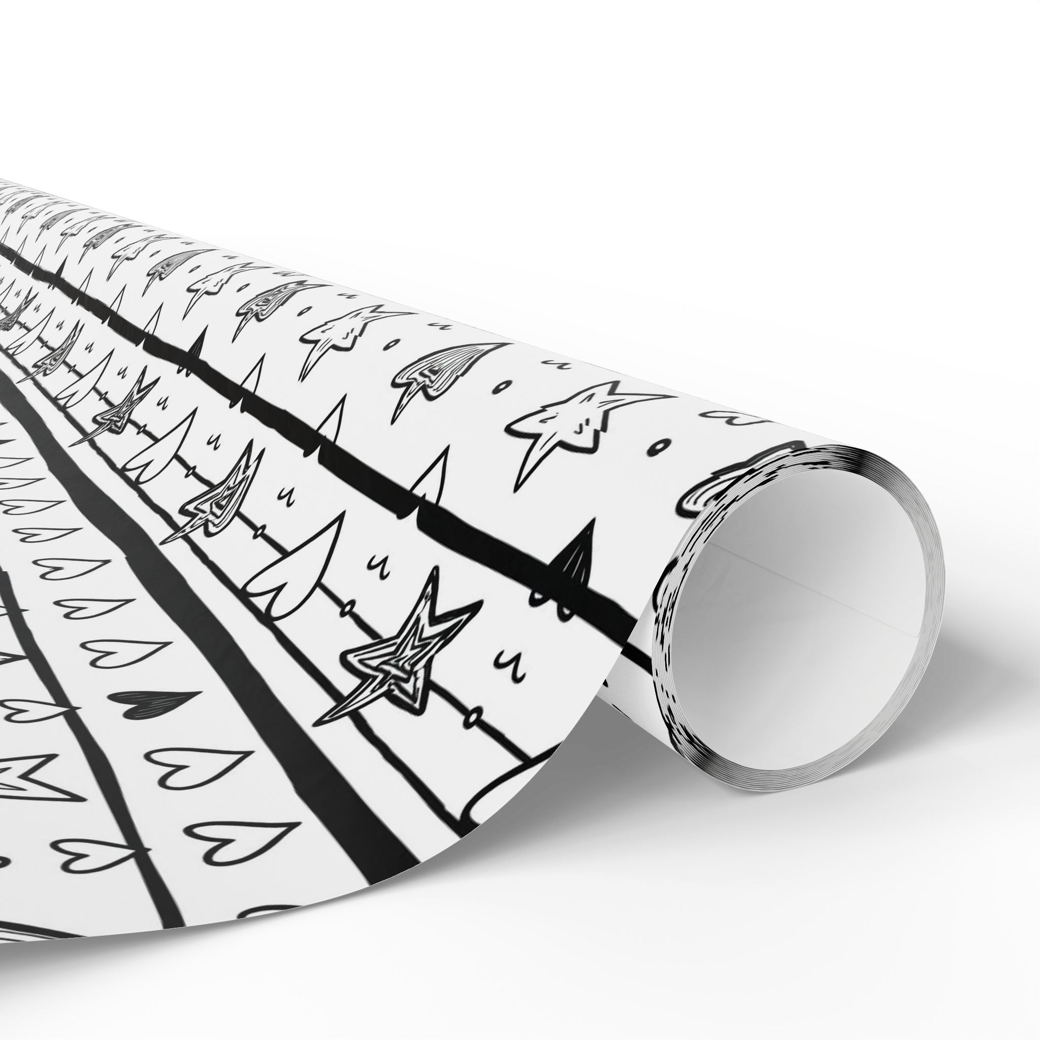 Gift Wrap Sheets Doodle Hearts Stars Black White