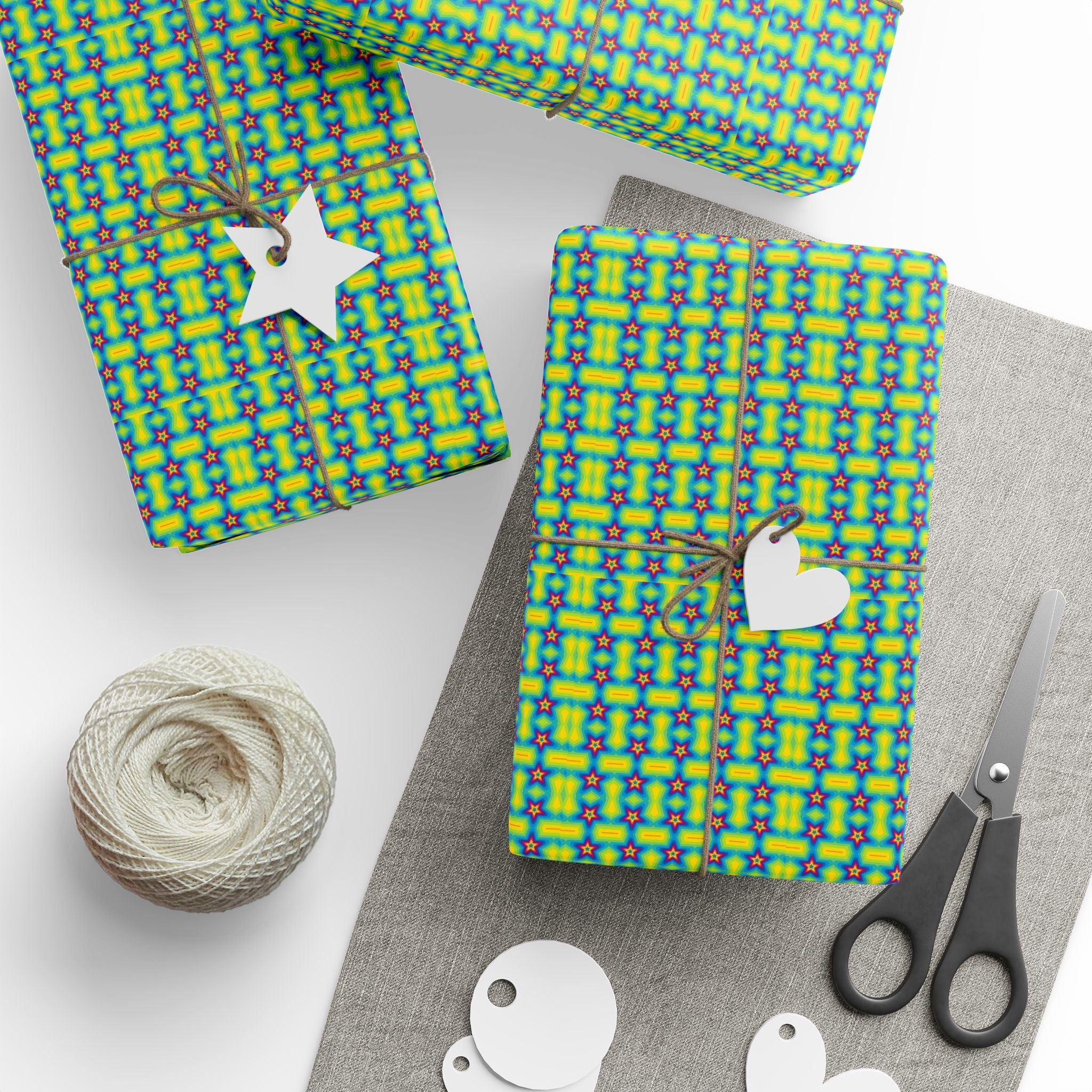 Retro 80s Neon Star Wrapping Paper — Bright Green & Blue, Quirky Gift Wrap