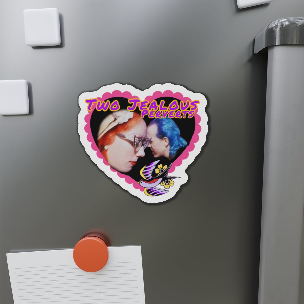 Two Jealous Perverts, John Waters Pink Flamingos, Mink Stole and David Lochary Die-Cut Magnet — “Two Jealous Perverts” Retro Heart Photo Magnet