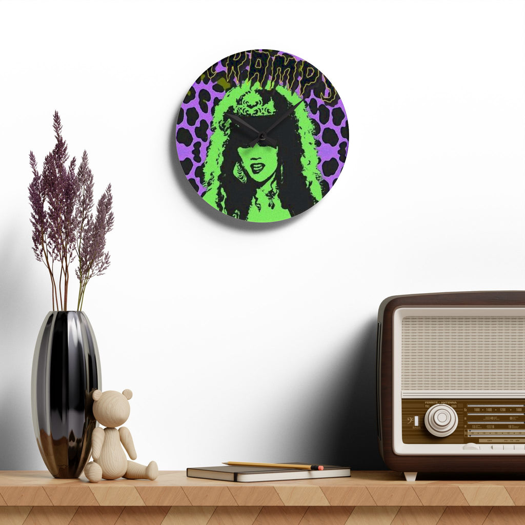 The Cramps Gothic Pop Portrait Acrylic Wall Clock — Neon Green & Purple Leopard Design