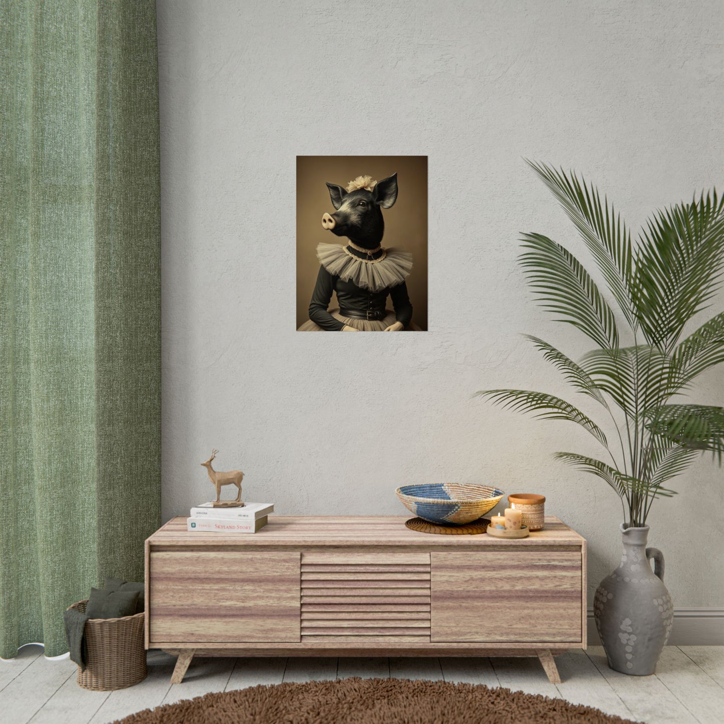 Whimsical Pig Portrait Rolled Poster, Unique Wall Art, Farmhouse Decor, Gift for Animal Lovers, Quirky Home Aesthetic