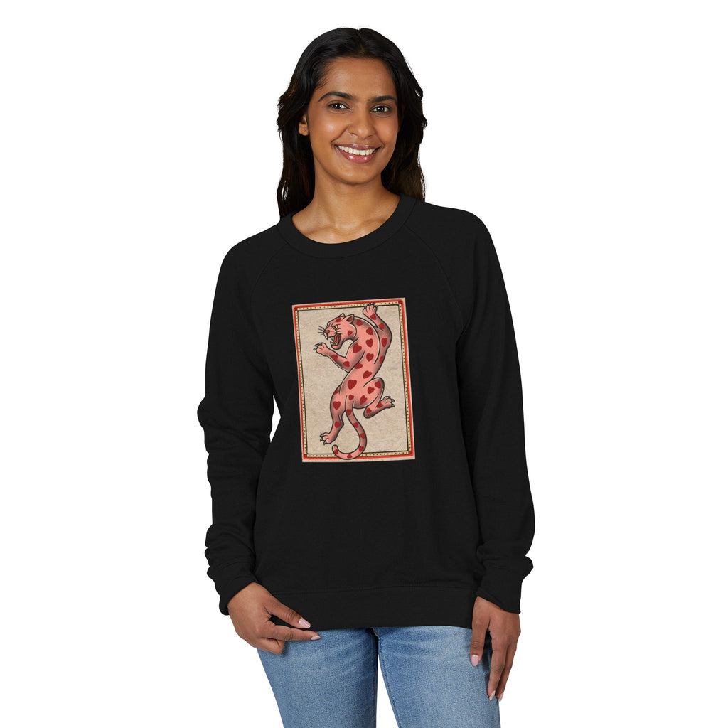 French Terry Raglan Crewneck Sweatshirt - Pink Leopard Heart Tattoo Flash Design