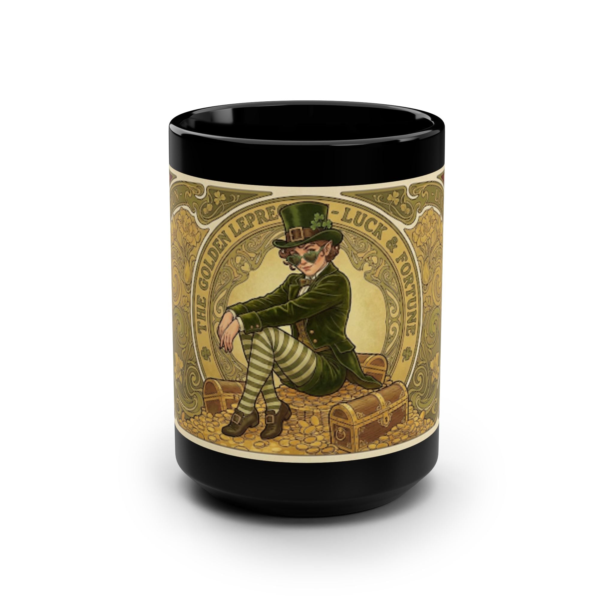 St. Patrick’s Vintage Leprechaun Black 15oz Coffee Mug — Luck & Fortune Design