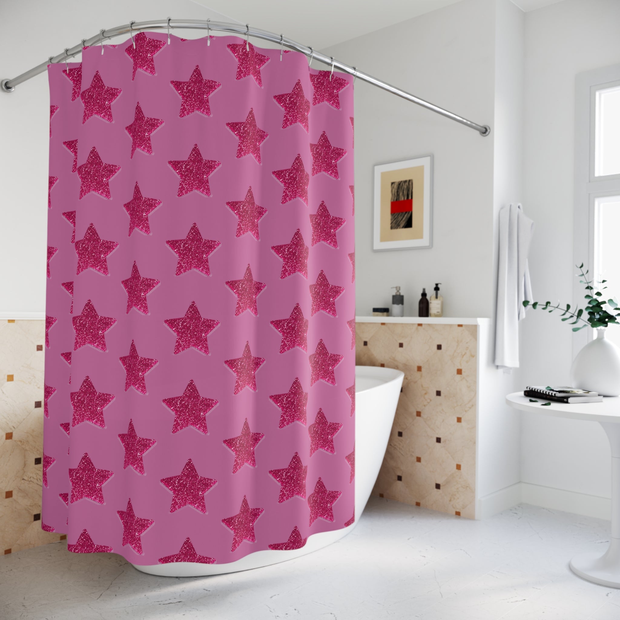 Pink Stardust Sweetheart Shower Curtain | Bright Retro Glam Star Pattern