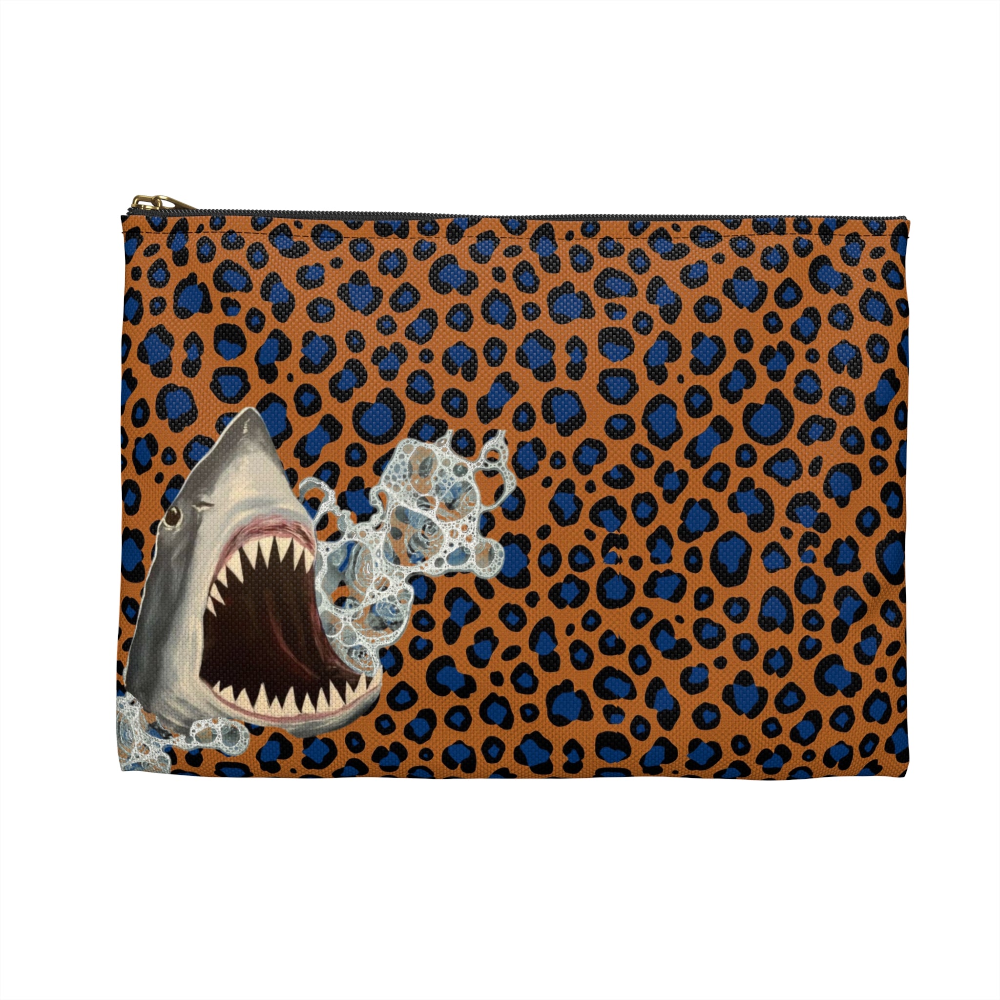 Orange and Blue Animal print Shark Bite AccessoryDark Ocean Makeup & Travel Zipper Bag 2 sizes! Low Brow Art, Pop Art makeup bag carry all