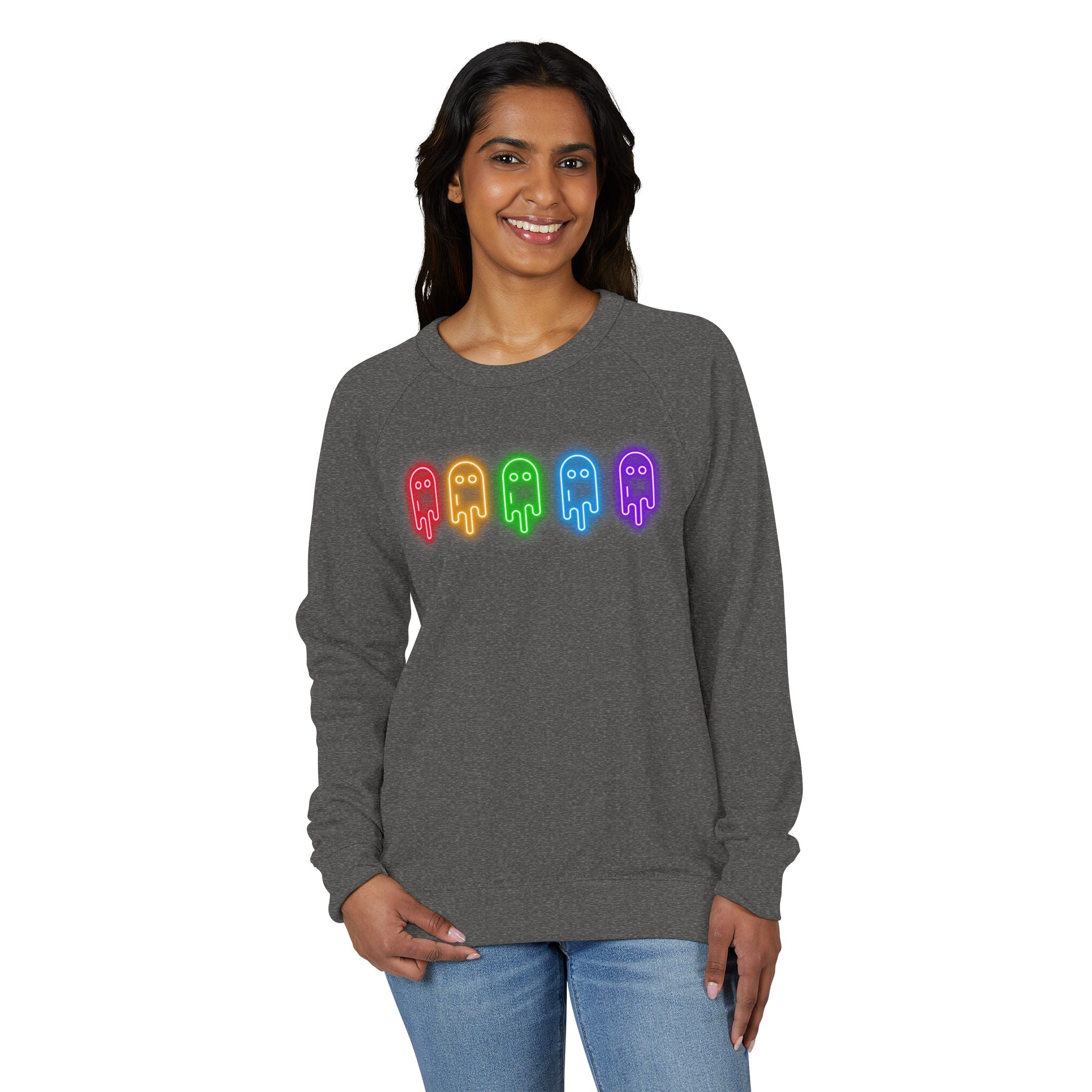 Rainbow Ghosts Unisex French Terry Crewneck Sweatshirt, Halloween Apparel, Casual Wear, Gifts for Friends, Cozy Graphics