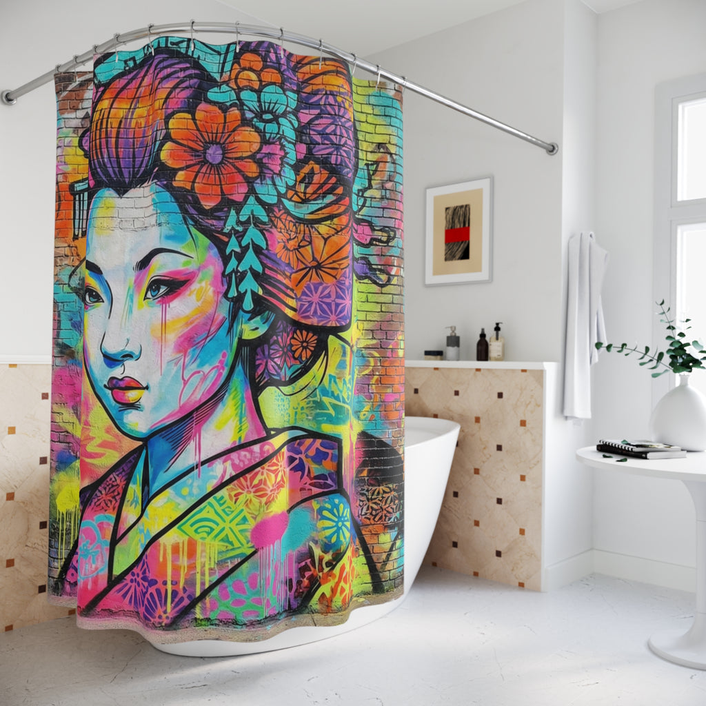 Graffiti Geisha Shower Curtain — Bright Pop Art Bathroom Decor