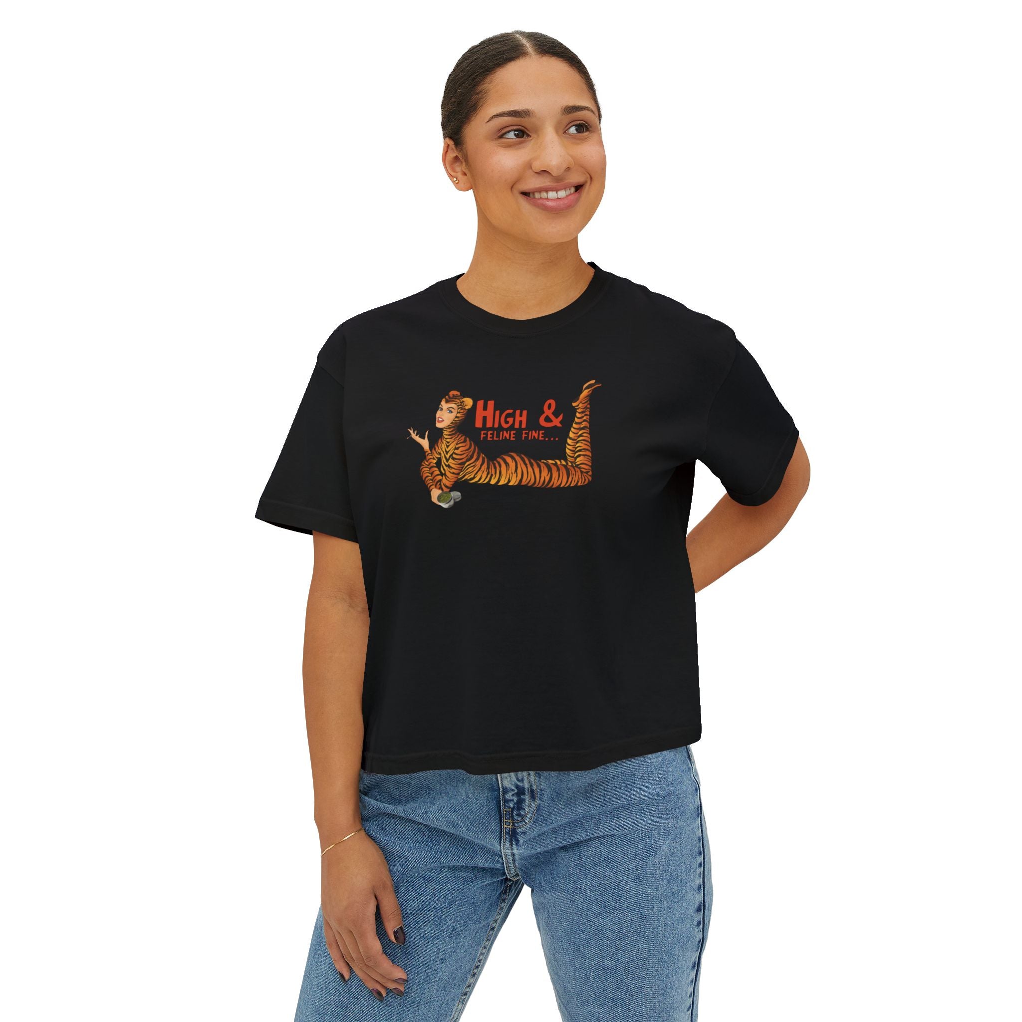 High & Feline Fine Women's Boxy Tee — Cute Retro Tiger Pinup Graphic