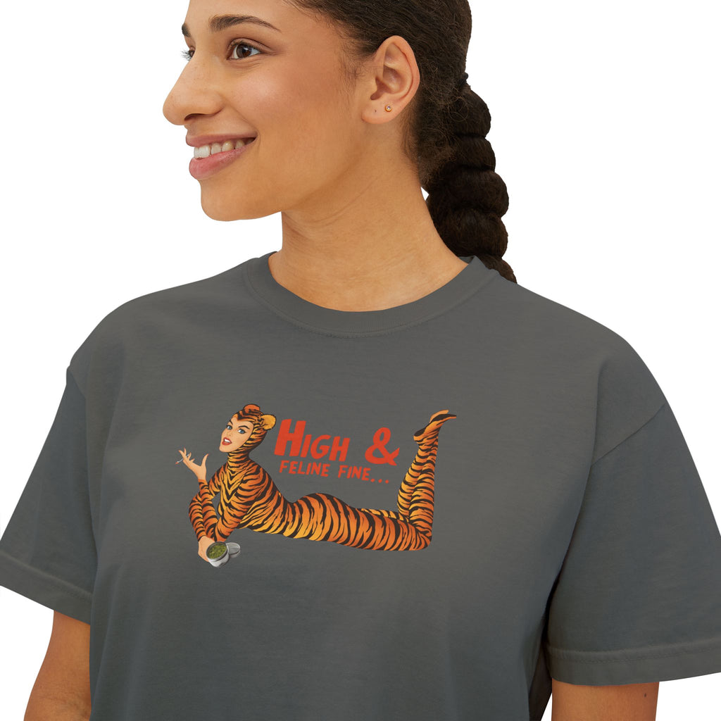 High & Feline Fine Women's Boxy Tee — Cute Retro Tiger Pinup Graphic