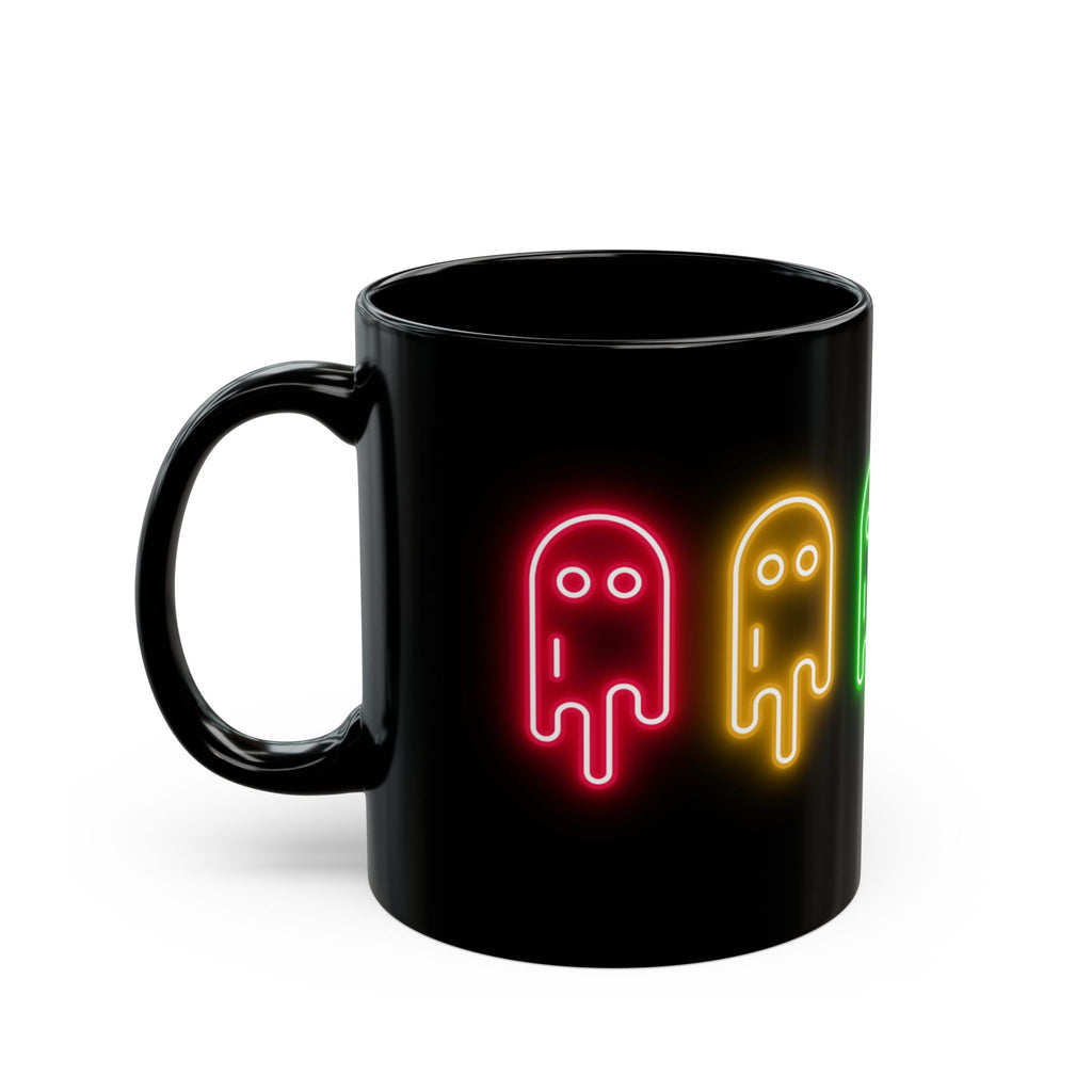 Neon Ghost Black Mug, Cute Ghost Mug, Halloween Coffee Cup, Colorful Drinkware, Spooky Gift for Kids