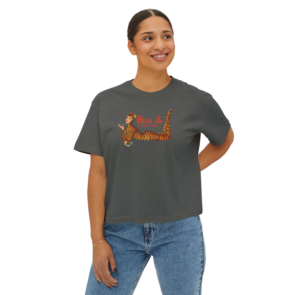 High & Feline Fine Women's Boxy Tee — Cute Retro Tiger Pinup Graphic