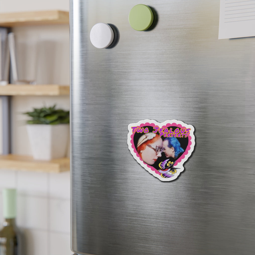 Two Jealous Perverts, John Waters Pink Flamingos, Mink Stole and David Lochary Die-Cut Magnet — “Two Jealous Perverts” Retro Heart Photo Magnet