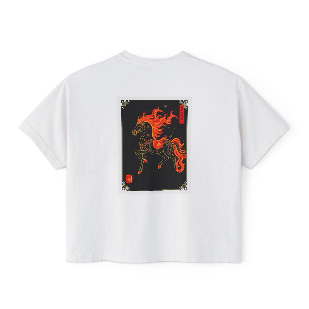 Year of the Fire Horse Boxy Tee — Retro Mythic Graphic Women's T-Shirt-Chinese New Year