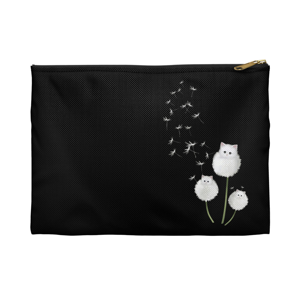 Cute White Kitten Dandelion Accessory Pouch — Whimsical Cat Lover Makeup Bag