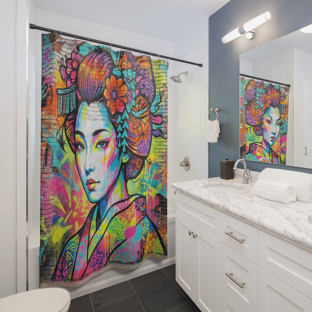 Graffiti Geisha Shower Curtain — Bright Pop Art Bathroom Decor
