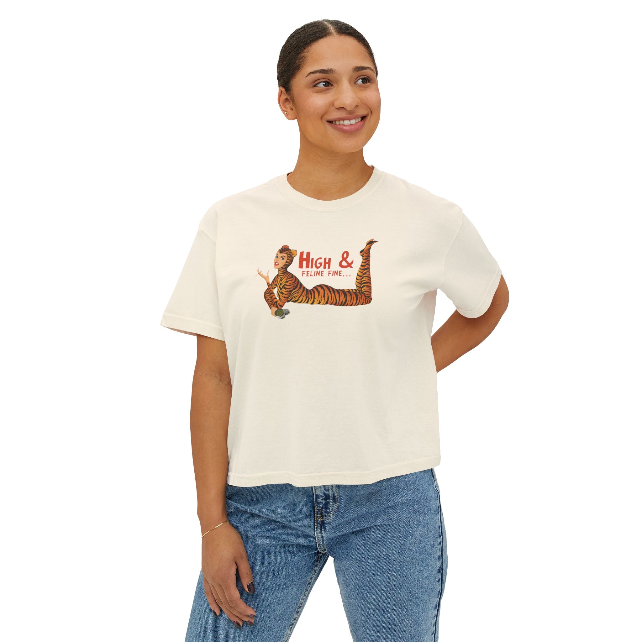High & Feline Fine Women's Boxy Tee — Cute Retro Tiger Pinup Graphic