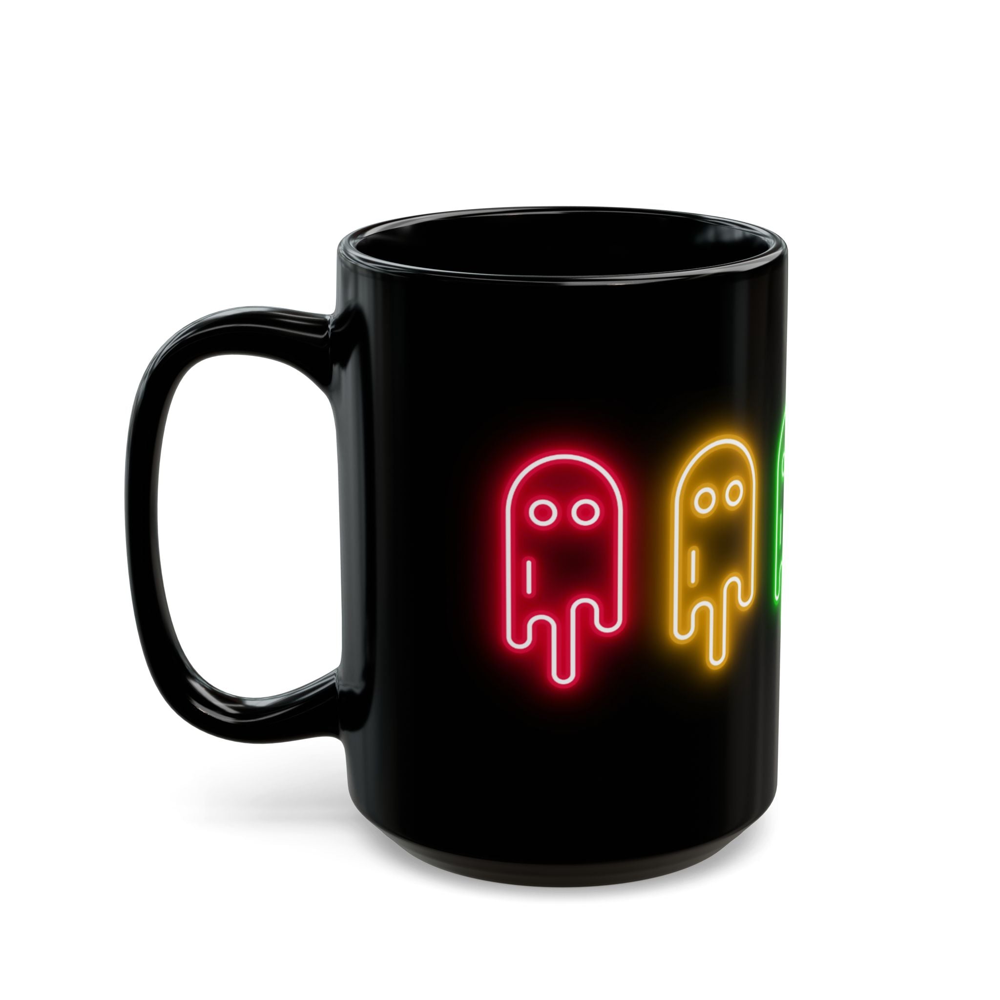 Neon Ghost Black Mug, Cute Ghost Mug, Halloween Coffee Cup, Colorful Drinkware, Spooky Gift for Kids