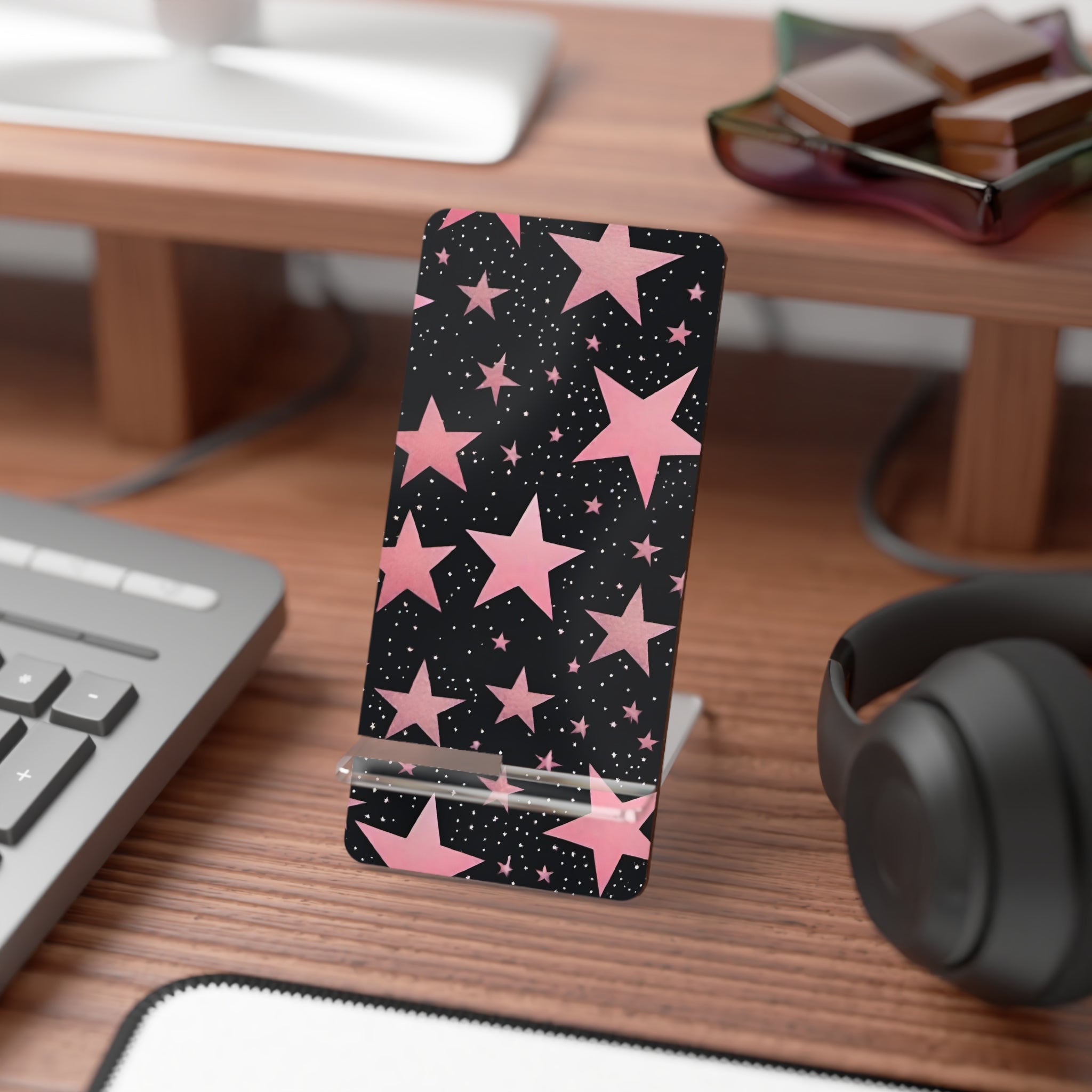 Black with pink stars phone stand