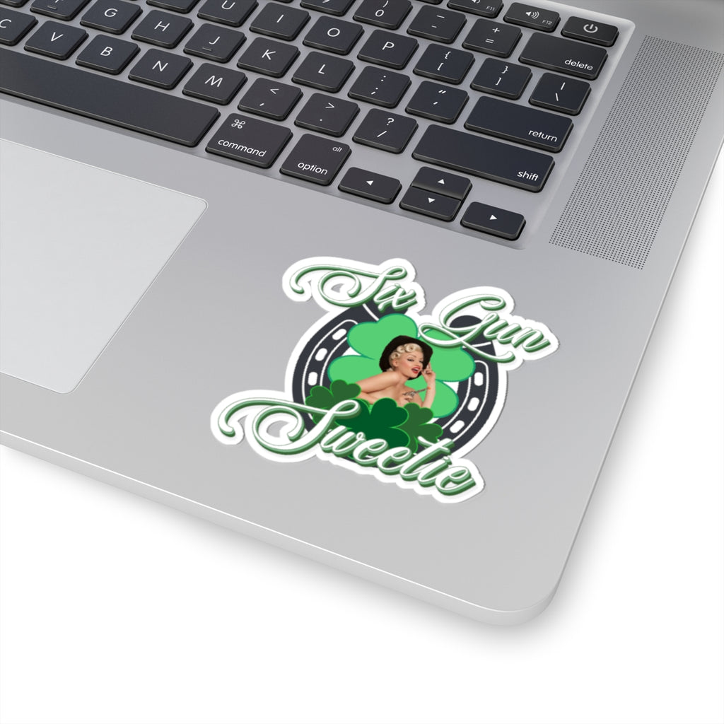 Six Gun Sweetie Kiss-Cut Sticker — Retro Pin-Up Shamrock & Horseshoe Design