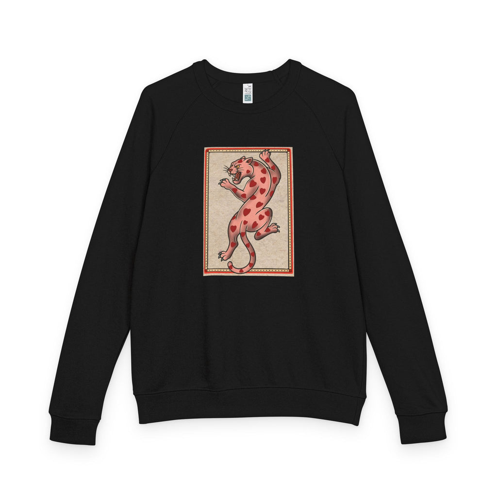 French Terry Raglan Crewneck Sweatshirt - Pink Leopard Heart Tattoo Flash Design