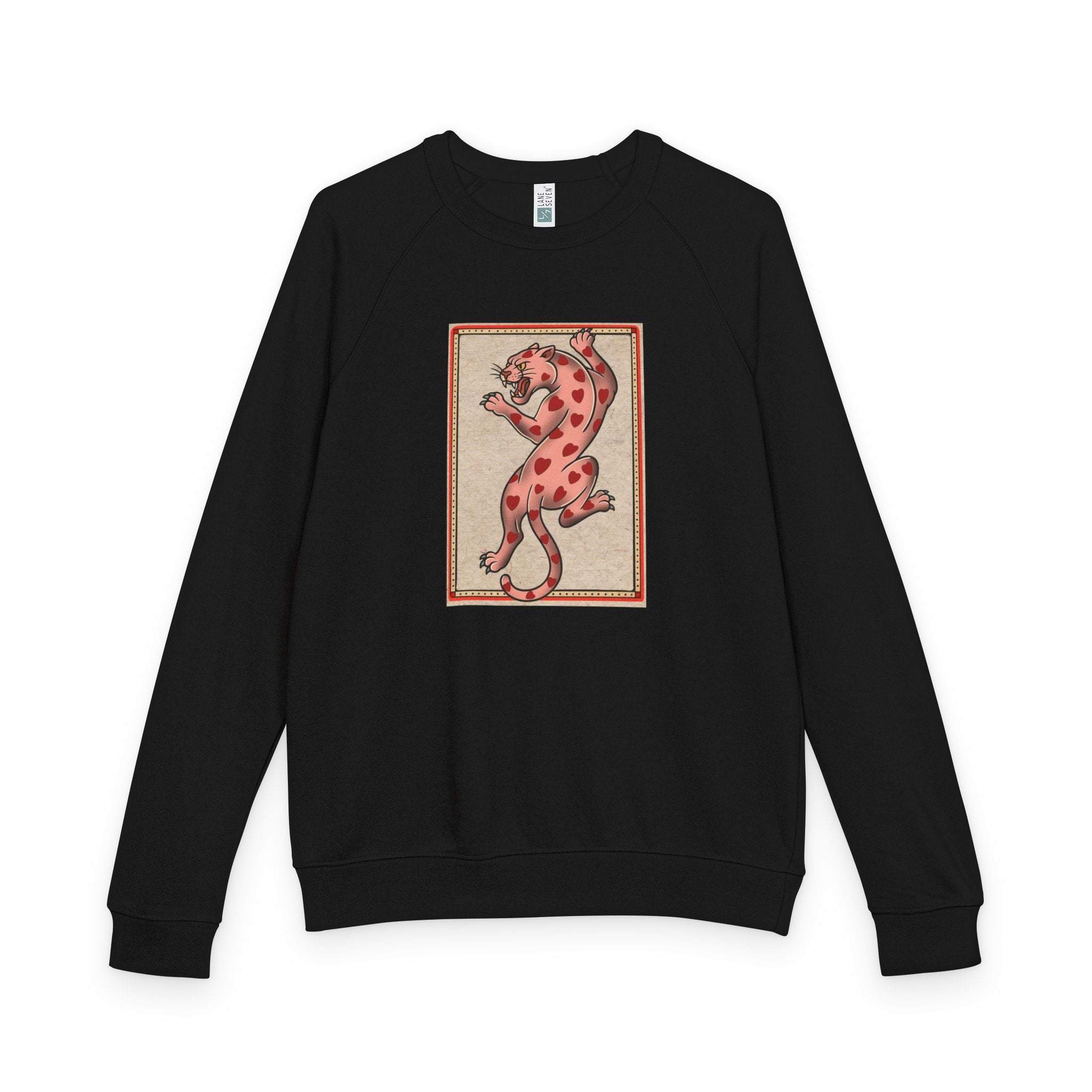 French Terry Raglan Crewneck Sweatshirt - Pink Leopard Heart Tattoo Flash Design